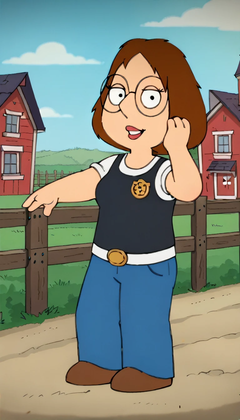  meg, (((1girl, solo, alone, short brown hair, glasses))), shortstack, flat color, looking at viewer, smile, parted lips,

   fence, leaning, blue pants, belt, blue shirt, black vest, brown gloves, cowboy hat, brown shoes,    

sexy pose, dynamic pose, dynamic angle, cowboy shot,

outdoor, farm, day,