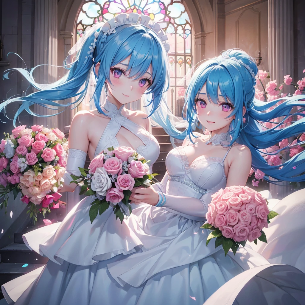 Sky blue hair, (Braided Ponytail),(Pink Eyes),Fair skin ,(whole body),(One girl),bride,A big smile,Straight bangs, 6月のbride,Wedding dress,(masterpiece, Highest quality, Very detailed, Best Shadow), (Detailed Background), (Beautifully detailed face), High Contrast, (Best lighting, Very delicate and beautiful), ((Cinematic Light)), colorful, Hyper Detail, Dramatic Light, Intricate details,Chapel background,Bouquet of roses