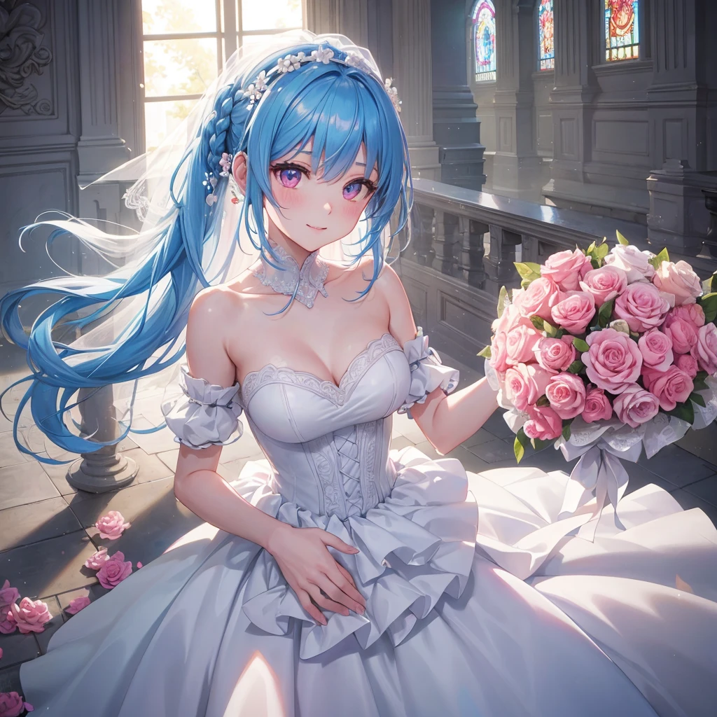 Sky blue hair, (Braided Ponytail),(Pink Eyes),Fair skin ,(whole body),(One girl),bride,A big smile,Straight bangs, 6月のbride,Wedding dress,(masterpiece, Highest quality, Very detailed, Best Shadow), (Detailed Background), (Beautifully detailed face), High Contrast, (Best lighting, Very delicate and beautiful), ((Cinematic Light)), colorful, Hyper Detail, Dramatic Light, Intricate details,Chapel background,Bouquet of roses