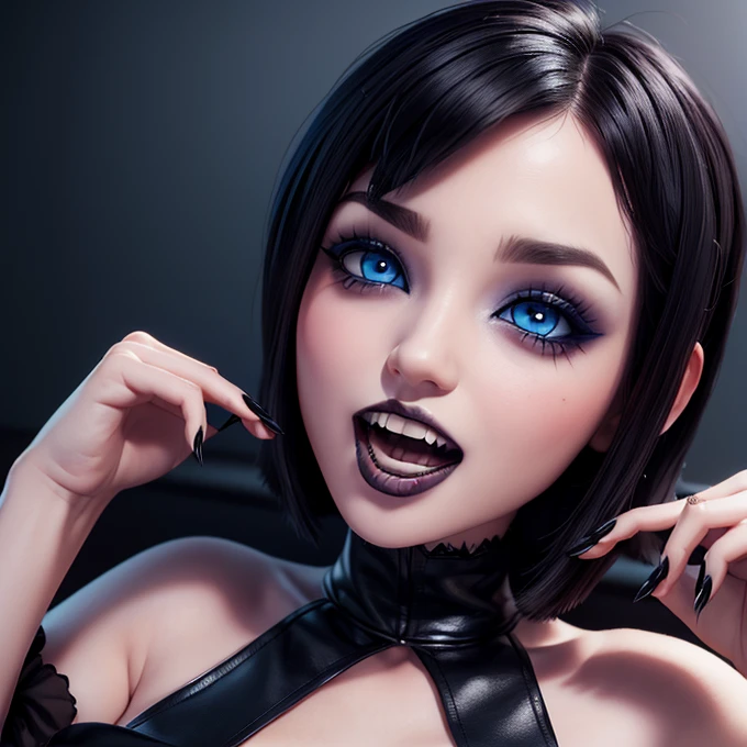 Masterpiece, open mouth sign, teeth fangs vampire, perfectly detailed face with blue eyes, eyeliner and eyeshadow, gothic makeup,  thick lips, wallpaper 3D ,short black hair with bob bangs 