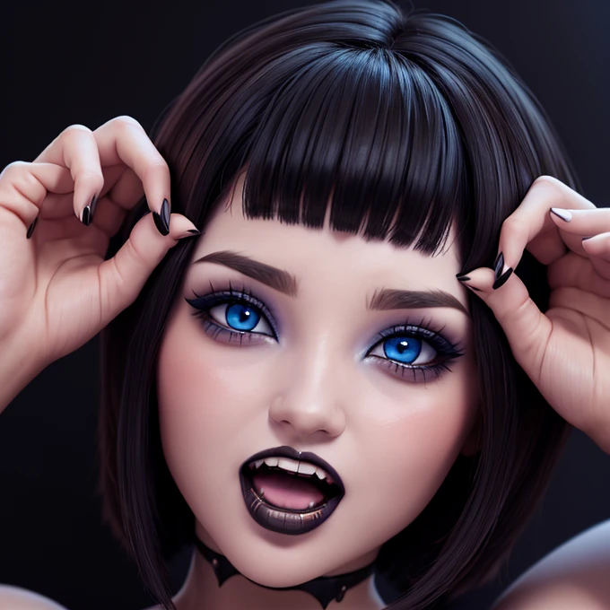 Masterpiece, open mouth sign, teeth fangs vampire, perfectly detailed face with blue eyes, eyeliner and eyeshadow, gothic makeup, thick lips, wallpaper 3D ,short black hair with bob bangs