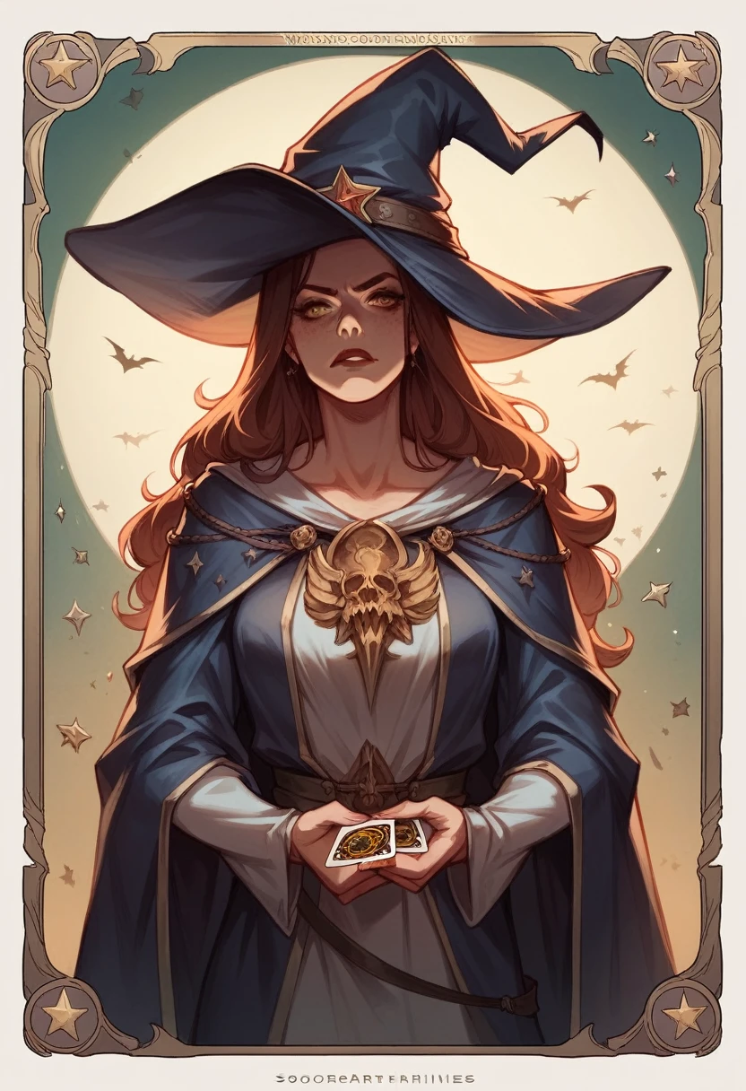 Brunette Girl, Long Hair, Witch, Sorceress,  of darkness, full of powers, strong and imposing, war scene illustration, centred image, a single image on a single card, with golden Bronze and Silver borders,