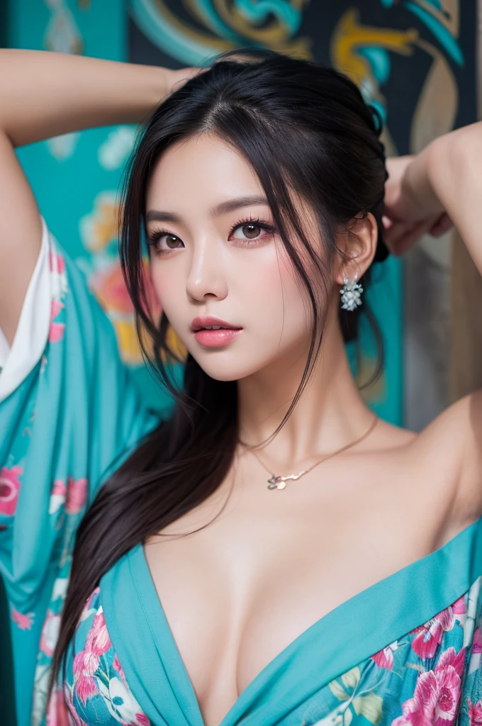 high quality, High resolution, masterpiece, detailed.impressive, Cutting-edge female photography portraits, Showcasing a bold and daring street-art style.( Facing forward)、beautiful woman、The way you look at the person you love、A dreamy look、cyan, and purple, Her vibrant makeup really catches the eye.. Her colorful hair is tied up high, (Dress with wide chest、Sexy Dress), Blue and pink hues in harmony. 背景には蛍光クロムイエローand purpleの魅惑的なグラデーションが施されています, Blends seamlessly with the dynamic colors of your subject. This powerful combination of hyper-detailed realism and artistic expression creates a vivid,