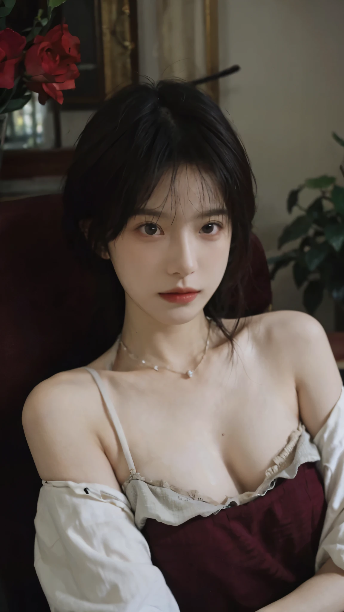 Film portrait photography, 2 girls, Bare shoulders,Lipstick,(flat chest:1.4), Wear a necklace,Cute expression,Exquisite makeup,Red suspenders,serene, calm, (Realistic and detailed eyes, Natural skin texture, Realistic facial details), Big breasts:1.6,Big Breasts,Soft dramatic lighting, Depth of Field, Bokeh, Vibrant details, Detailed and detailed, Surreal, 35mm film, hazy, ,