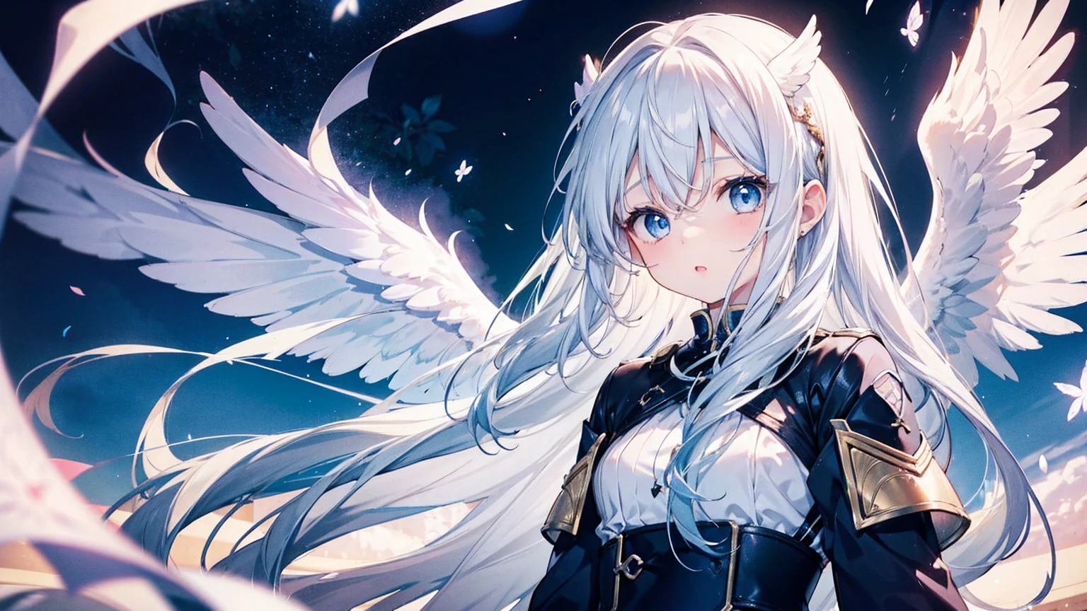 A pretty and cute girl with long white hair and blue eyes、、Angel wings on the back、Mouth wide open in shock、I&#39;m surprised and my eyes are wide open、comical、Bright expression、White chiffon dress