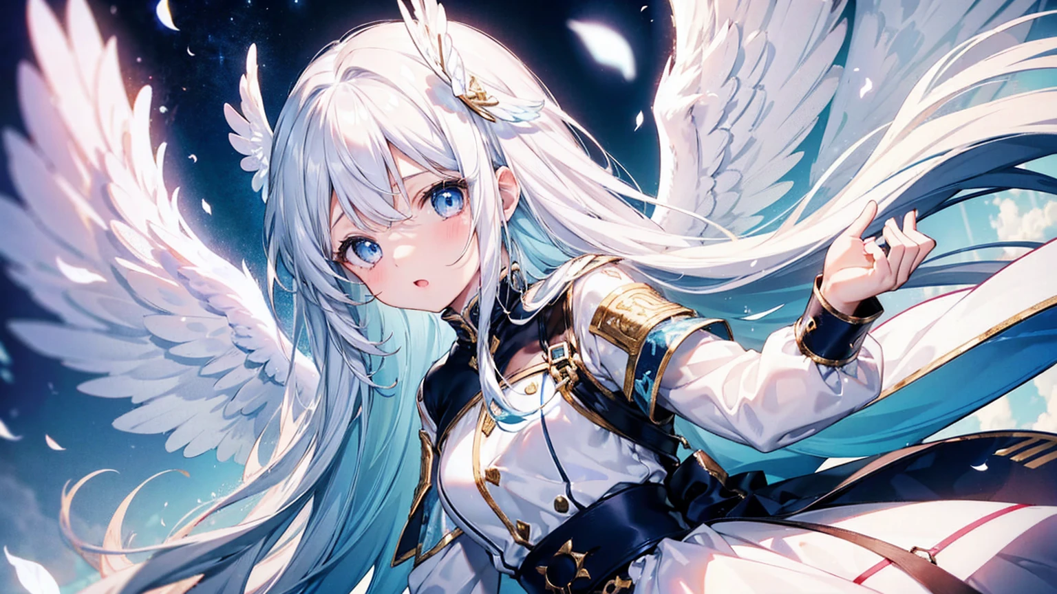 A pretty and cute girl with long white hair and blue eyes、15 years old、Angel wings on the back、Mouth wide open in shock、I&#39;m surprised and my eyes are wide open、comical、Bright expression、White chiffon dress