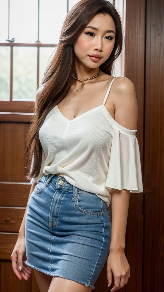 (Slightly wavy hair long, swooped over her shoulder, ), (Malaysia female), age 55, 8K, phototrealism, photorealism, portrait, 85mm lens, depth of field, delicate skin luster, blindfolded, plump lips, slim, (Haruka Ayase), white camisole, prison, chained from earlobe to nose, wearing a collar for large dogs, ( wearing a septum), professional lighting, mini skirt