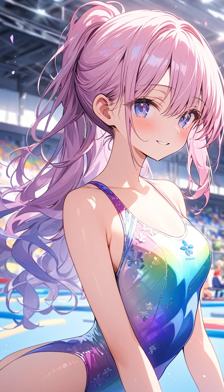 highquality illustration, masterpiece, very delicate and beautiful, attractive girl,(gymnastics leotard, Floral patterns leotard,long sleeve leotard with glittery decoration,high_leg leotard,athletic leotard,tight-fit leotard,iridescent gradient leotard,long-sleeve leotard),thin,slender body,slim,high school,gymnasium background,gymnastics club,gymnastics athlete,princess, beautiful eyes,light smile,(masterpiece, best quality:1.2), highres, extremely detailed CG unity 8k wallpaper, perfect lighting, Colourful, ultra-high res,4K,ultra-detailed, photography, 8K, HDR, 17 ages,