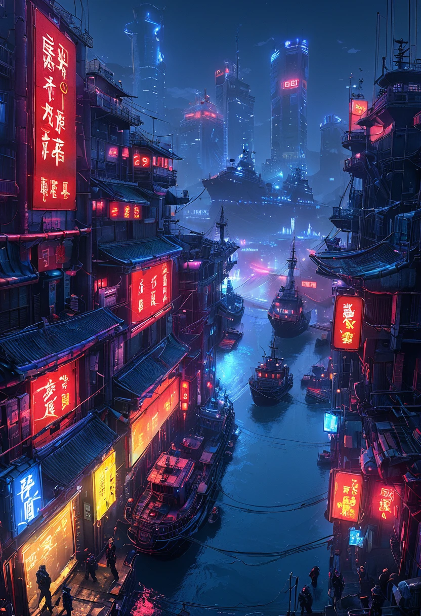 CyberCity, (blue:1.3)，（red:1.4）,（yellow:1.2）,(harbor:1.3), (ship:1.2),  neon lights, scenery, chinese_building, outdoors, road, night, sign, street, riot police,

criminals,(bird eye view:1.2),