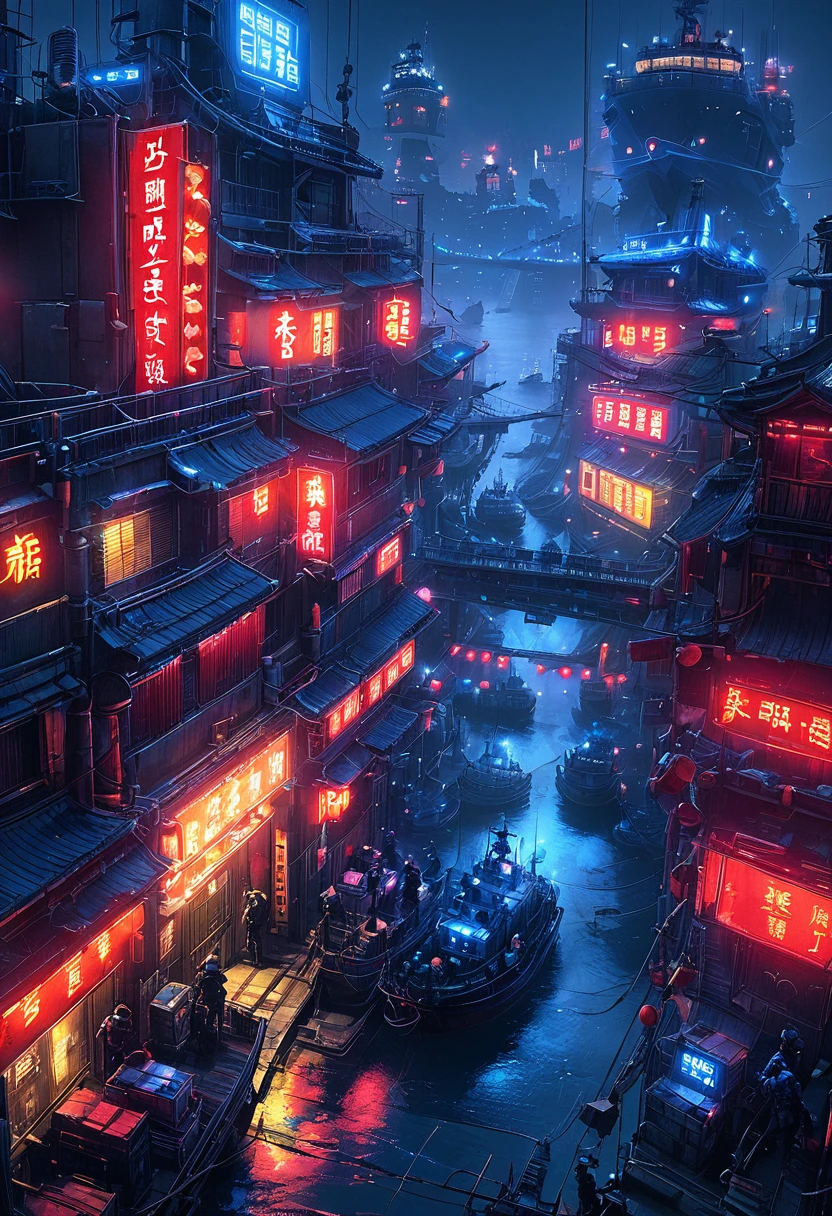 CyberCity, (blue:1.3)，（red:1.4）,（yellow:1.2）,(harbor:1.3), (ship:1.2),  neon lights, scenery, chinese_building, outdoors, road, night, sign, street, riot police,

criminals,(bird eye view:1.2),