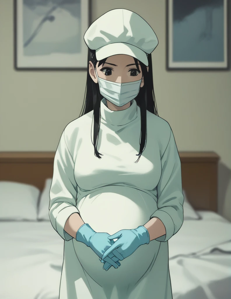 Score_9, Score_8_up, Score_7_up, source_anime, Kasuganoray, pale skin, long scrubbed hair, surgical mask, surgical cap, long sleeve maternity dress,
1 girl, pregnant, solo, rubber gloves, looking down, frowning, operating bed, in the operating room, standing,