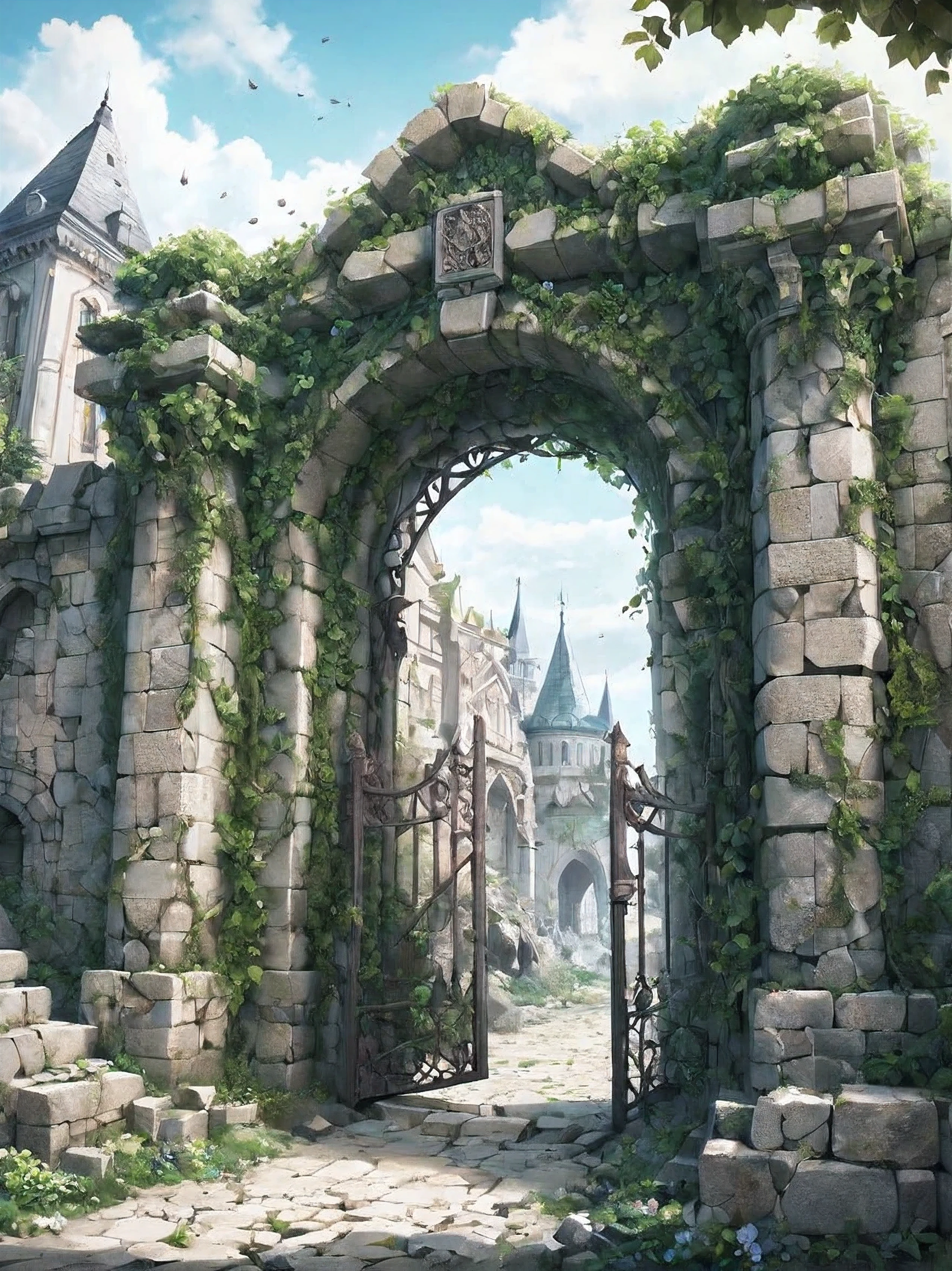 old city gate made of mad-rubble, ivy, overgrown, flowers, fantasy, guards in armor,    (masterpiece:1.2), best quality, (hyperdetailed, highest detailed:1.2), high resolution textures