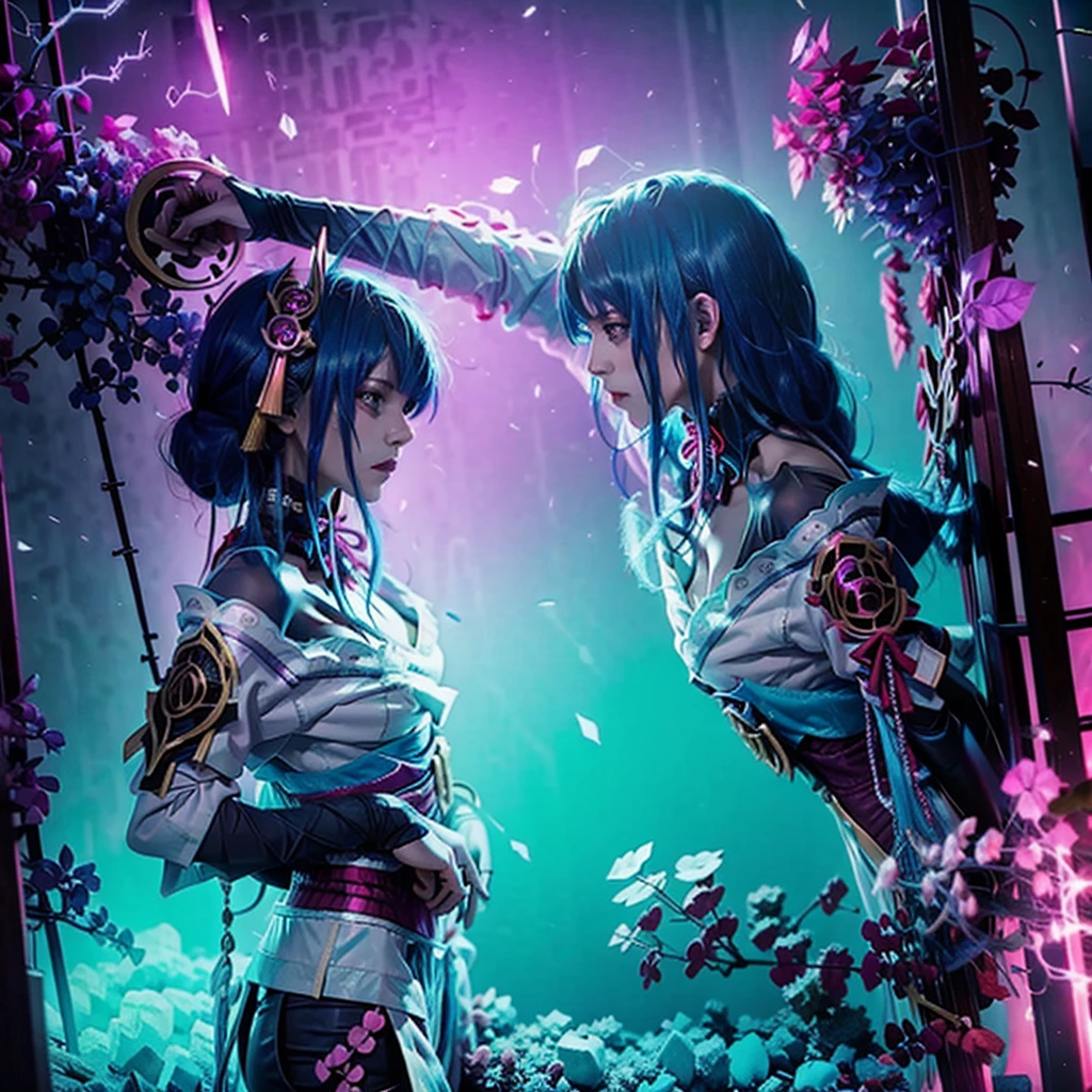 blood scavengers opposite world dream cyan magenta. A fight inside a broken mind. A splendid beautiful trans woman trying to emerge as the future in an astonishing panorama of end times.