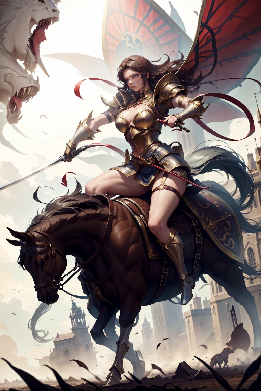 sexy swordsman knight woman riding on a horse on the battlefield