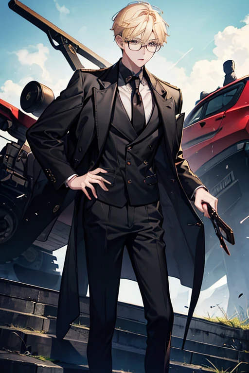 One Man、Blonde、Short Hair、Black-rimmed glasses、Wearing a military jacket、Wearing a black suit、Wearing a red tie、Wearing hunting boots