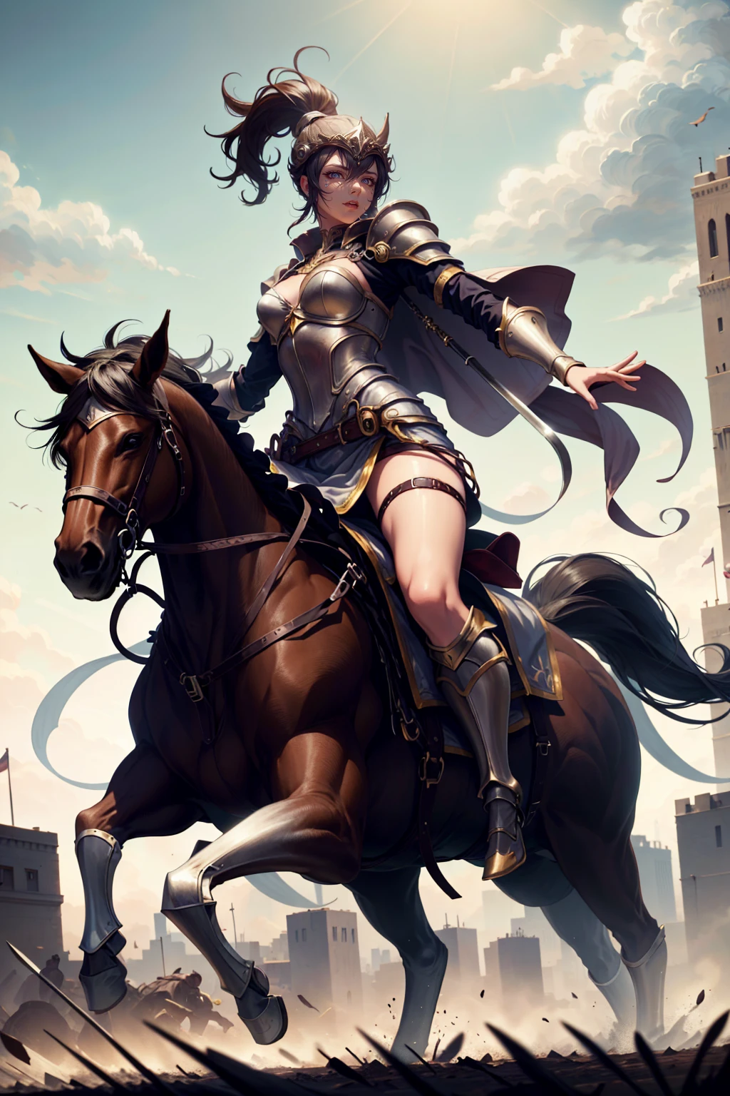 sexy swordsman knight woman riding on a horse on the battlefield