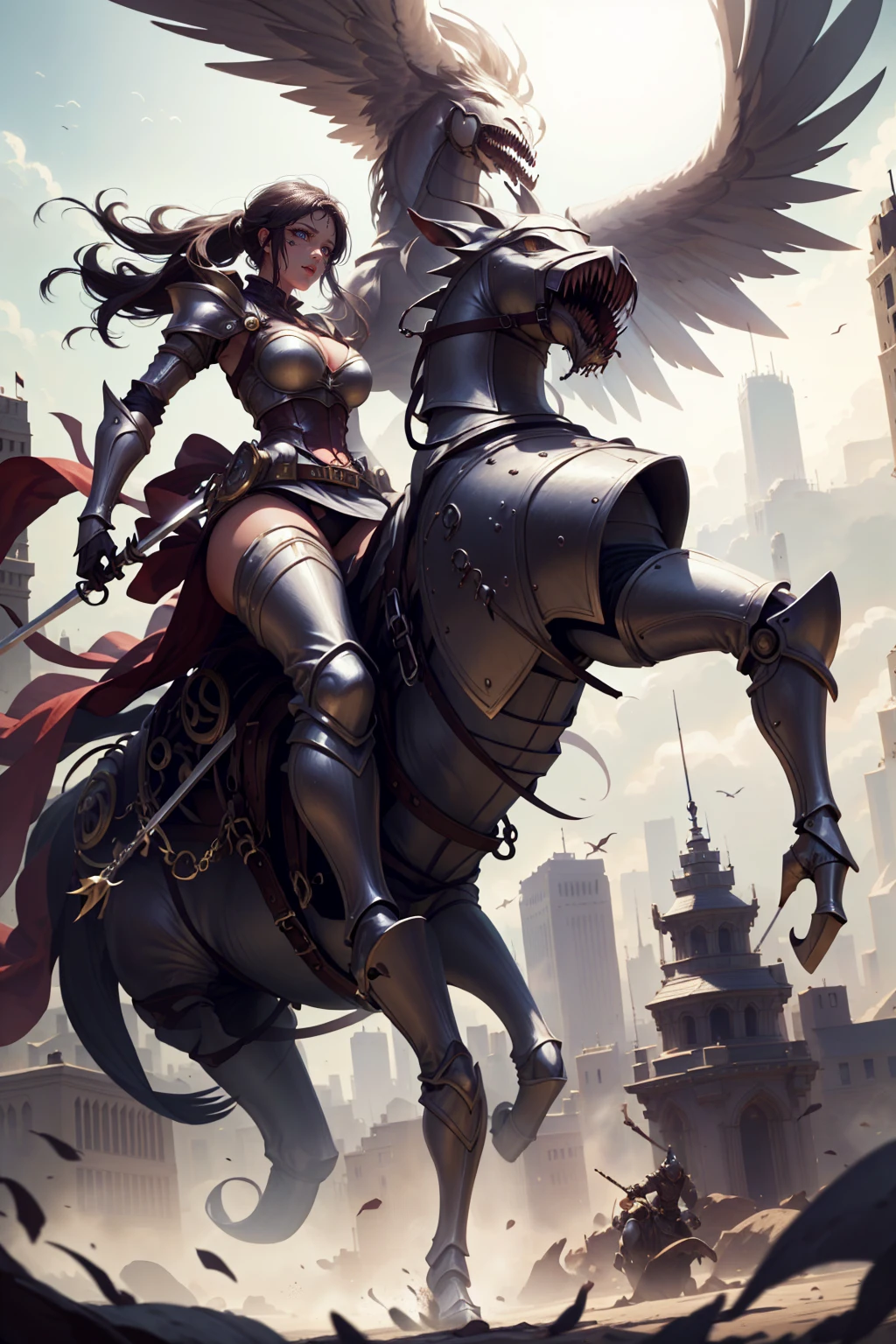sexy swordsman knight woman riding on a horse on the battlefield