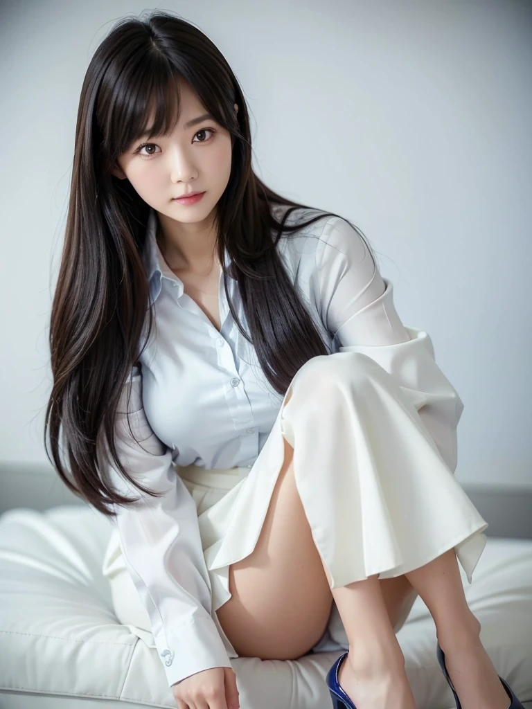 High heels、blouse、Navy blue mid-length skirt 、(Highest quality)、((Very detailed))、4K、(8K)、masterpiece、Very detailedな、Highest quality、Super Resolution、1 person、Kind Face、Soft Light、RAW quality、Soft Skin、163cm、White Room,30 years old、office