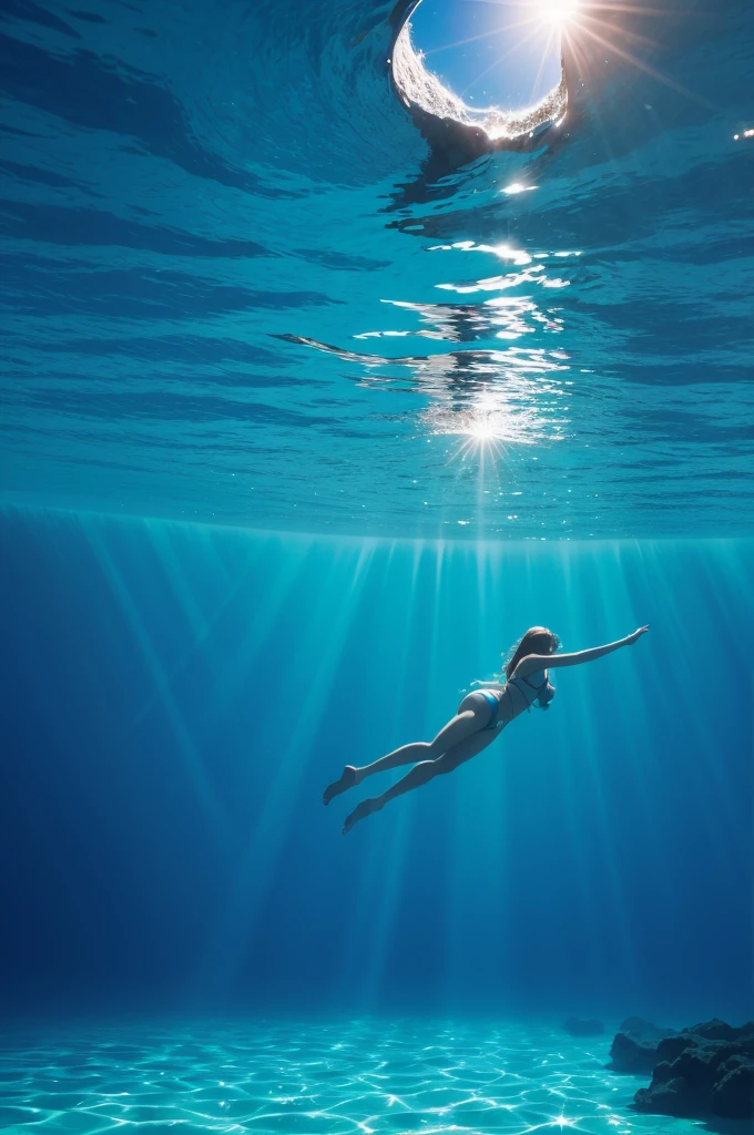 Image from inside the very blue sea and the reflections of the sun hitting the water are beautiful and in the background a person who dived 