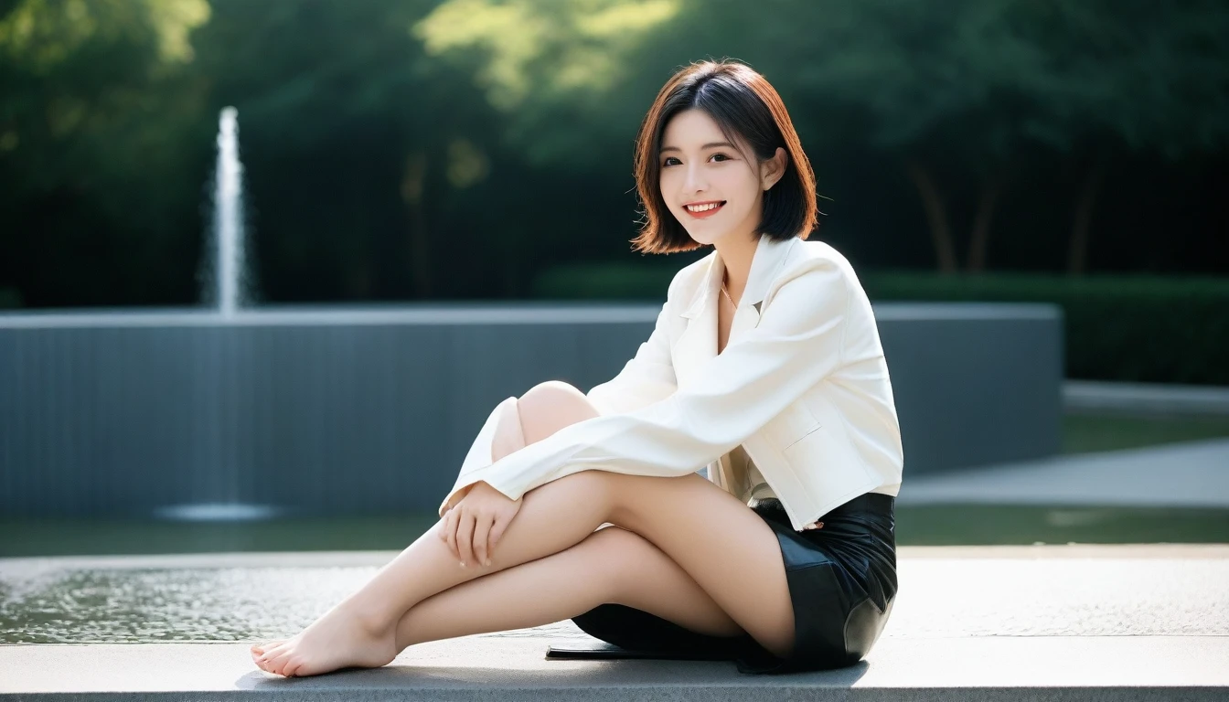 8K, Ultra-high resolution, Highest quality, masterpiece, 三分割法によるphotograph,Surreal, photograph, 1 Girl, (:1.3), pretty girl, Cute face, Beautiful eyes in every detail, 細かくdetailedに,masterpiece,, One Girl:1.2, Japan Female Announcer,whole body, ((Biologically correct limb count))、((whole bodyショット, 顔を含むwhole bodyphotograph、頭からつま先までのphotograph))、((Focus on the face))、((Symmetrical facial features))、（(Shiny black stockings、shiny leather skirt、White Leather Jacket、High heels with anklets)）、((Sitting on the edge of a fountain in the park early in the morning, Look straight into the camera)),A carefree smile,Heal the heart,Black Hair,Short Bob,Looking at the audience、beauty,Long neck、Laugh a little、Please close your mouth and laugh、(((Ideal body type))),A cup small breasts :2,、Portraiture:2、Perfect Anatomy、鮮明なdetailed、detailed、Surreal、Light and shadow,Strong light 