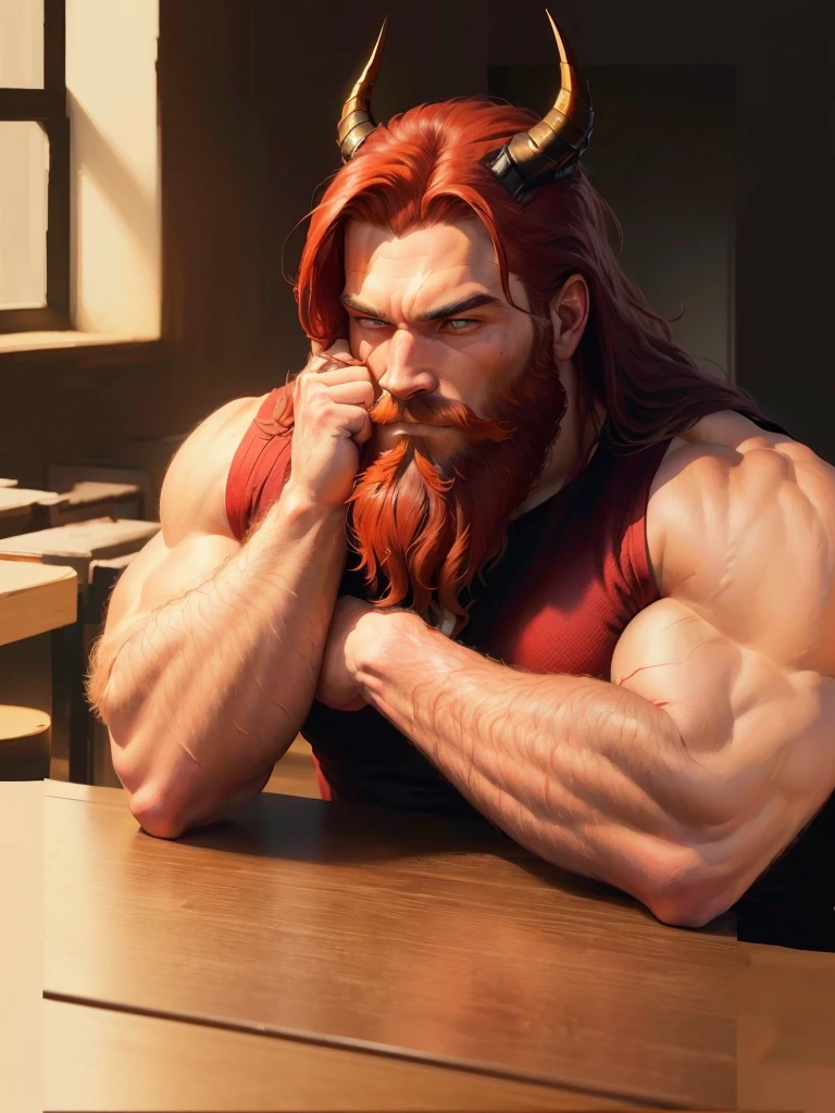 (Gaze Down:1.5)、Bearded、A man with a horned head is sitting at a table, Redbeard, reddish beard, painted portrait of sturdy Zeus, muscular character, Inspired by Johannes Helgesson, shortage々A new portrait of Odin, Red Corner, portrait of sturdy Zeus, Portrait of a berserker, dark Redbeard, Realistic art style, Big biceps, muscular characters, epic digital painting