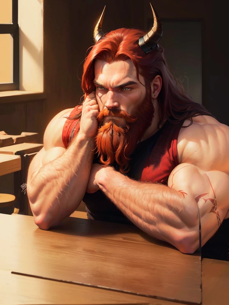 (Gaze Down:1.5)、Bearded、A man with a horned head is sitting at a table, Redbeard, reddish beard, painted portrait of sturdy Zeus, muscular character, Inspired by Johannes Helgesson, shortage々A new portrait of Odin, Red Corner, portrait of sturdy Zeus, Portrait of a berserker, dark Redbeard, Realistic art style, Big biceps, muscular characters, epic digital painting