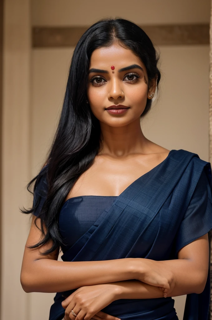 Develop a woman image, powerful and brave face with little bit smile, dark blue skin, black hair with "sindoor", one hand raised as a position of giving "asirbad" another hand is with skull, wearing red sari, full of jwellery