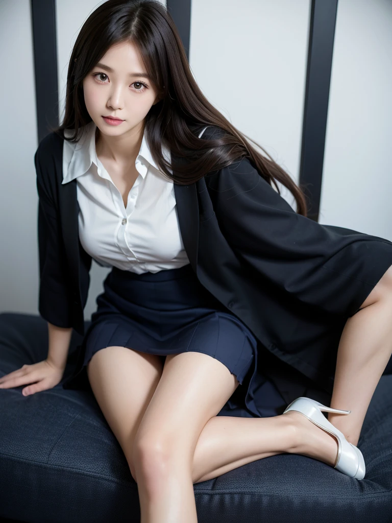 High heels、blouse、Navy blue mid-length skirt 、(Highest quality)、((Very detailed))、4K、(8K)、masterpiece、Very detailedな、Highest quality、Super Resolution、1 person、Kind Face、Soft Light、RAW quality、Soft Skin、163cm、White Room,30 years old、office