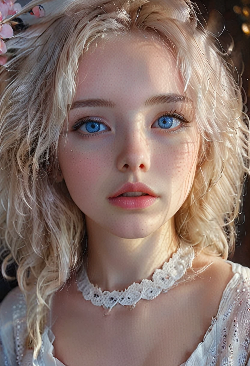 (perfect details), (extremely fine and beautiful:1.1), beautiful face, beautiful light blue eyes, (detailed face, detailed eyes:1.2), realistic skin textures, detailed pouty lips, very pale skin, shiny curly white hair, (add layer:1.2), dynamic angle, scenery MM, dramatic lighting, volumetric lighting, golden hour, masterpiece, best, quality, exotic pale Girl, hd. Realistic, 8k, hyper realistic details