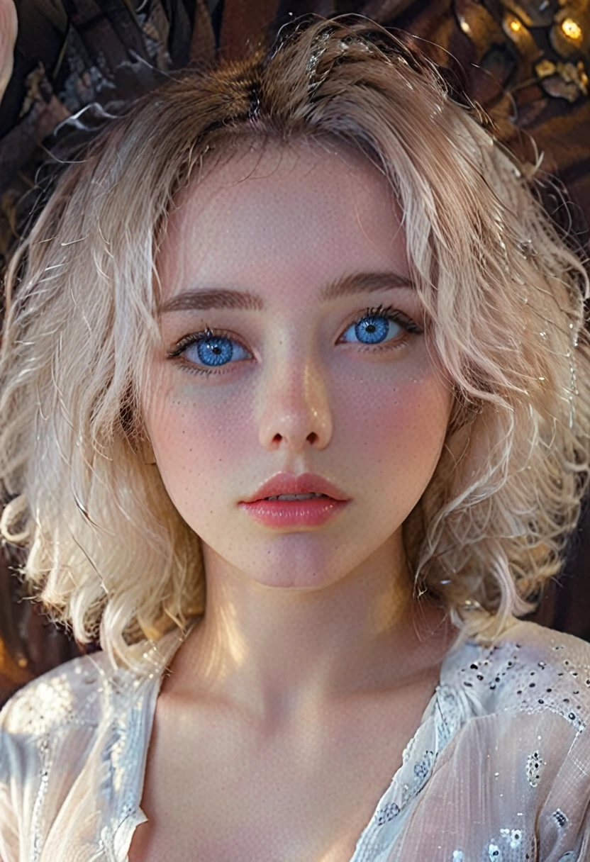 (perfect details), (extremely fine and beautiful:1.1), beautiful face, beautiful light blue eyes, (detailed face, detailed eyes:1.2), realistic skin textures, detailed pouty lips, very pale skin, shiny curly white hair, (add layer:1.2), dynamic angle, scenery MM, dramatic lighting, volumetric lighting, golden hour, masterpiece, best, quality, exotic pale Girl, hd. Realistic, 8k, hyper realistic details