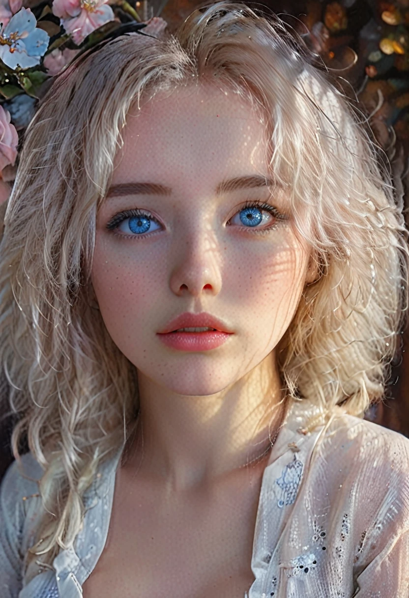 (perfect details), (extremely fine and beautiful:1.1), beautiful face, beautiful light blue eyes, (detailed face, detailed eyes:1.2), realistic skin textures, detailed pouty lips, very pale skin, shiny curly white hair, (add layer:1.2), dynamic angle, scenery MM, dramatic lighting, volumetric lighting, golden hour, masterpiece, best, quality, exotic pale Girl, hd. Realistic, 8k, hyper realistic details