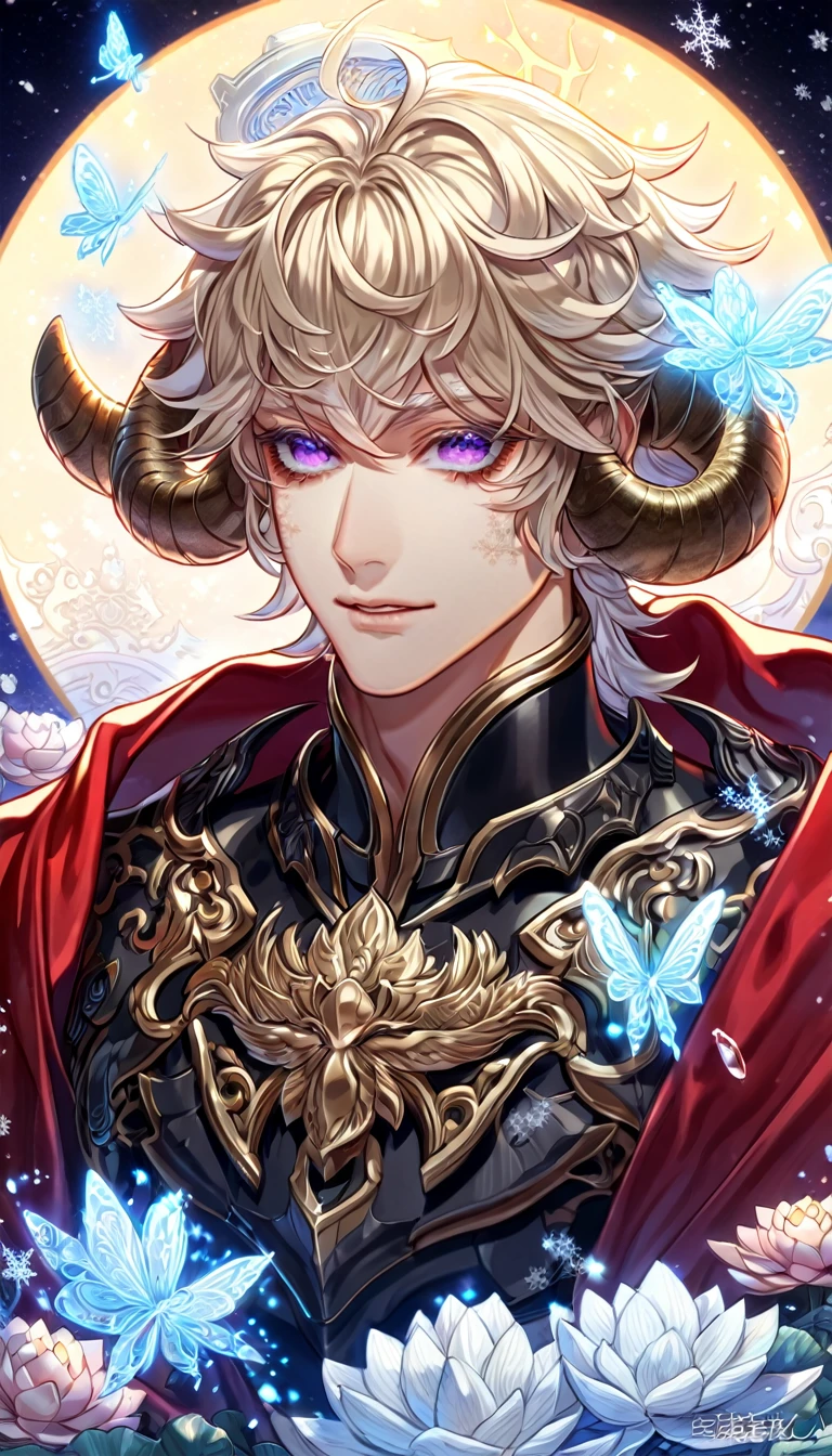 absurdres, highres, ultra detailed, HDR, master piece, best quality, delicated features, Azazel, ash blond hair, messy hair, expressive purple eyes, halo, sheep horns, demon, Thousand Lotus, solo, sexy man, handsome, mature face, red cape, black armor, snowflakes, ice butterflies, starry sky, moonlight, magical, fantasy