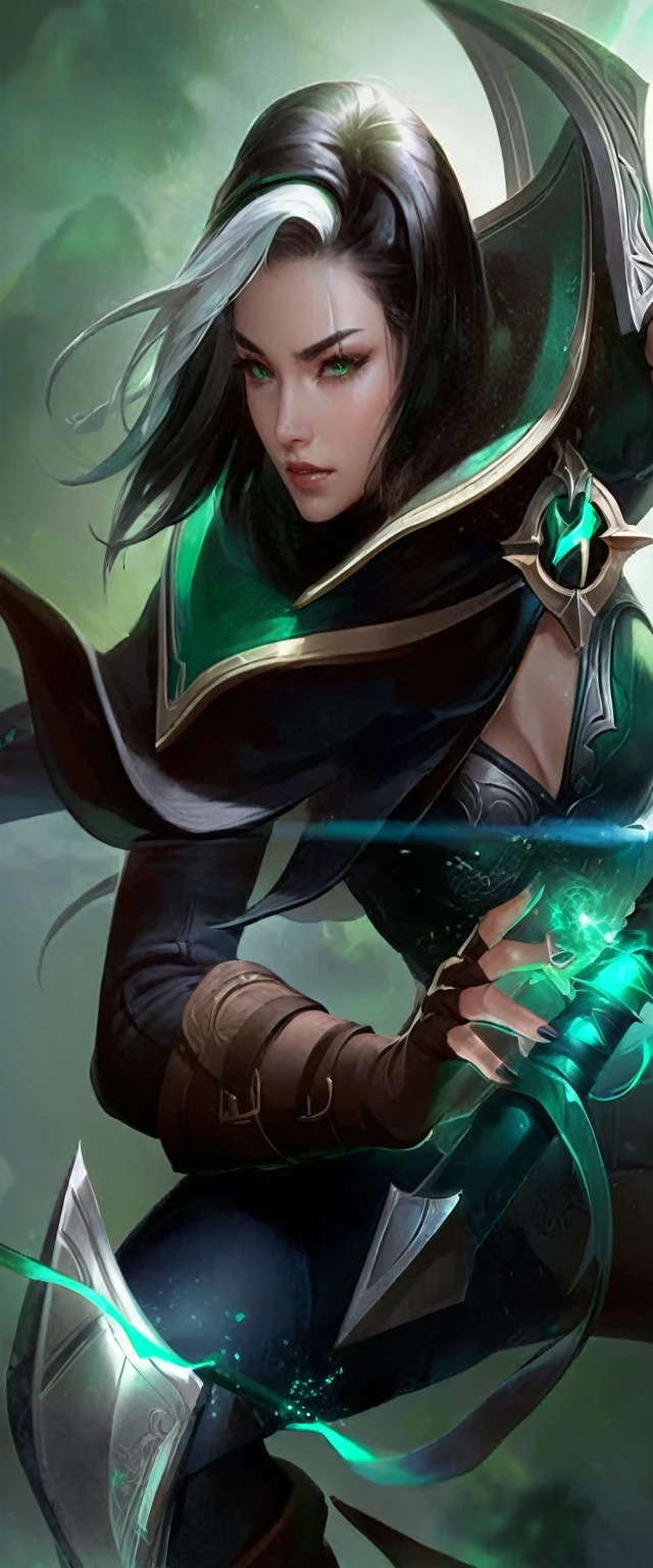 a close up of a woman with a sword and a green light, extremely detailed artgerm, artgerm lau, style artgerm, irelia, ashe, steven artgerm lau, artgerm detailed, league of legends character art, league of legends character, by Yang J, ig model | artgerm, rossdraws digital painting