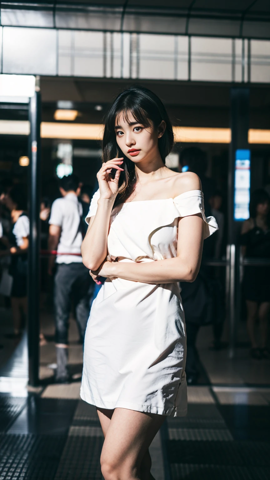 A beautiful European lady, Mini bandeau dress for summer, bokeh, Japanese subway station,  realistic, professional photoshoot ,Medium bust, large hips, thick thighs, long legs