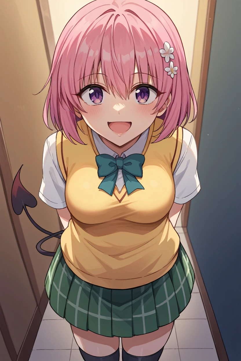 score_9, score_8_up, source_anime, BREAK 1girl tlrmomo, pink hair, hair flower, green bowtie, yellow sweater vest, white shirt, short sleeves, green miniskirt, black thighhighs, demon tail, smile, open mouth, looking at viewer, leaning forward, hallway, standing, furrowed brow, arms behind back, closed mouth