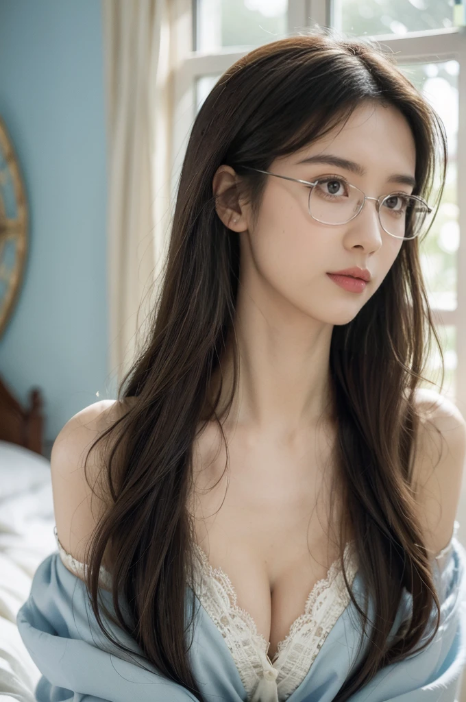 (((best quality))),(((ultra detailed))),(((masterpiece))),illustration,((1 beautiful girl,solo)),(glasses:1.3),slim,thin,small breasts,flat chest,shoulder length straight hair,on bed,dilapidated,hotel room,summer's afternoon,anticipation,shyness,date,big almond-shaped eyes,excited,nervous,fair skin,flawless,rosy cheeks,light blue collared shirt-dress,slender figure,delicate collarbones,white flowers,delicate silver chain,rusty bed frame,peeling wallpaper,white lace curtain,warm sunlight,soft warm glow,old-fashioned radio,cheerful tune,nervousness,heart pounding,excitement,door,plain attire,electric atmosphere,love,butterflies,((from front,close-up of face))
