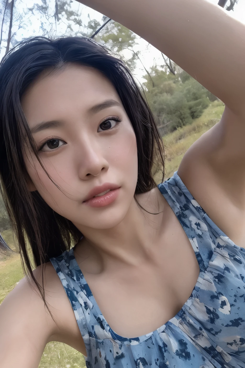 Magical Pictures, Dramatic lighting, Photographic realism, Super detailed, Composition of intimate portraits, (Centered Image Composition),(Close-up shot:1.6),Highest quality,debt/1. 8, 85mm, (28 year old Asian woman), black_hair,(black_eye:1.2),(前hair),compensate,white_dress, (Faded Blue_null_background) 30 years old Mama camp site Enjoying life to the fullest There is a campfire I want the skin to look more realistic Fun with kids Landscape images