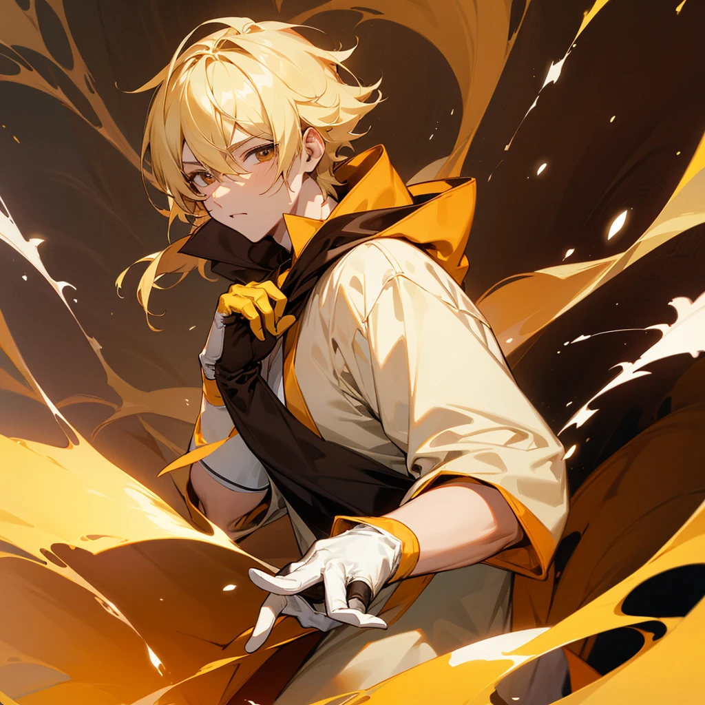 Make a blonde guy with brown eyes, wearing a long-sleeved t-shirt where his chest is yellow and white, and your sleeves are black, also wearing gloves made of magma