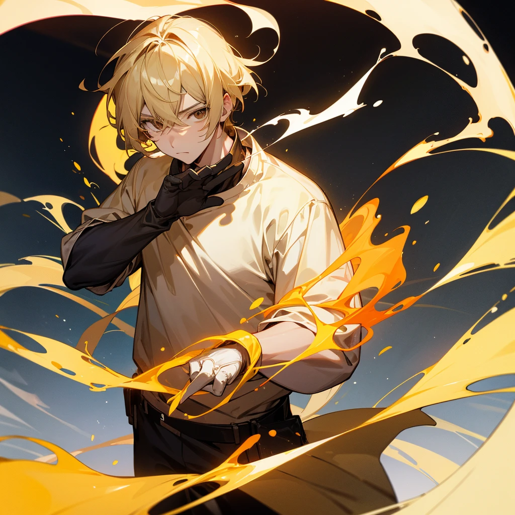 Make a blonde guy with brown eyes, wearing a long-sleeved t-shirt where his chest is yellow and white, and your sleeves are black, also wearing gloves made of magma