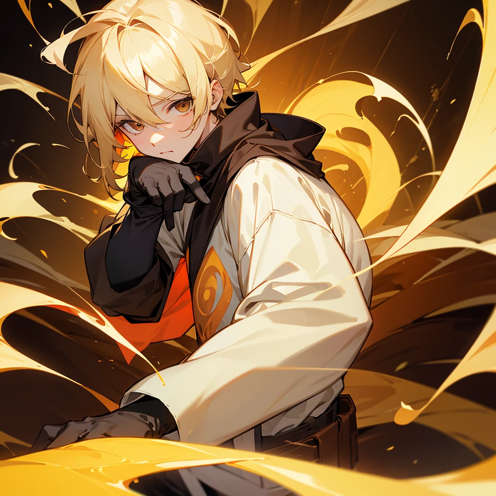 Make a blonde guy with brown eyes, wearing a long-sleeved t-shirt where his chest is yellow and white, and your sleeves are black, also wearing gloves made of magma