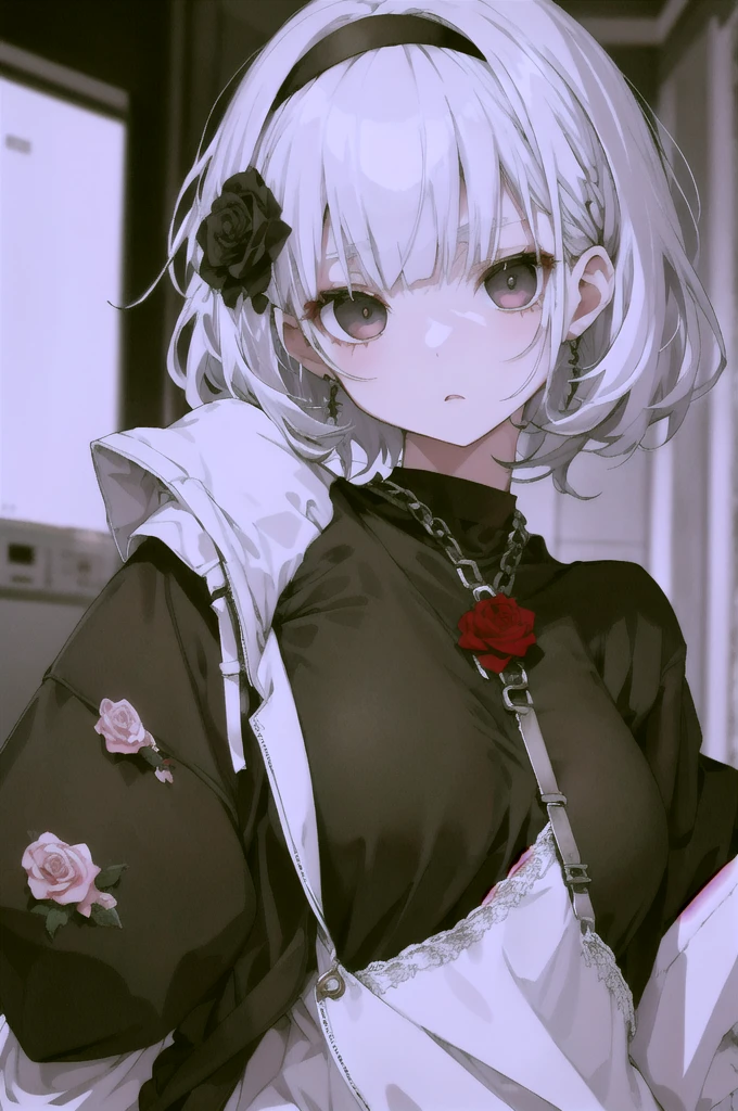 Slim build girl, dead black eyes and serious expression adorable with short white hair and bangs and a rose decoration in her hair. Pale doll-like skin and exposed black clothing along with a sweatshirt and large medium-sized breasts in a half-front pose