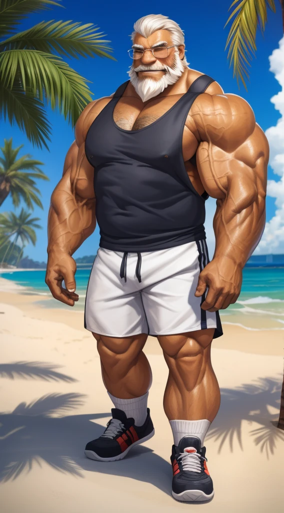 huge muscular old man in street city, big smile, old man, thick arm, huge arm, bearded. white hair and beard, bearded, (muscular, pectoral, wide pectoral, thick arms), beach, palm, realistic, 8k, masterpiece, (wearing white shorts and tank top, shoes)
