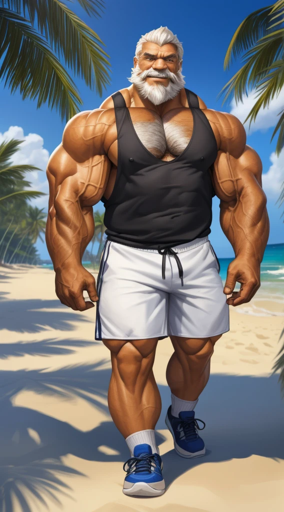 huge muscular old man in street city, big smile, old man, thick arm, huge arm, bearded. white hair and beard, bearded, (muscular, pectoral, wide pectoral, thick arms), beach, palm, realistic, 8k, masterpiece, (wearing white shorts and tank top, shoes)