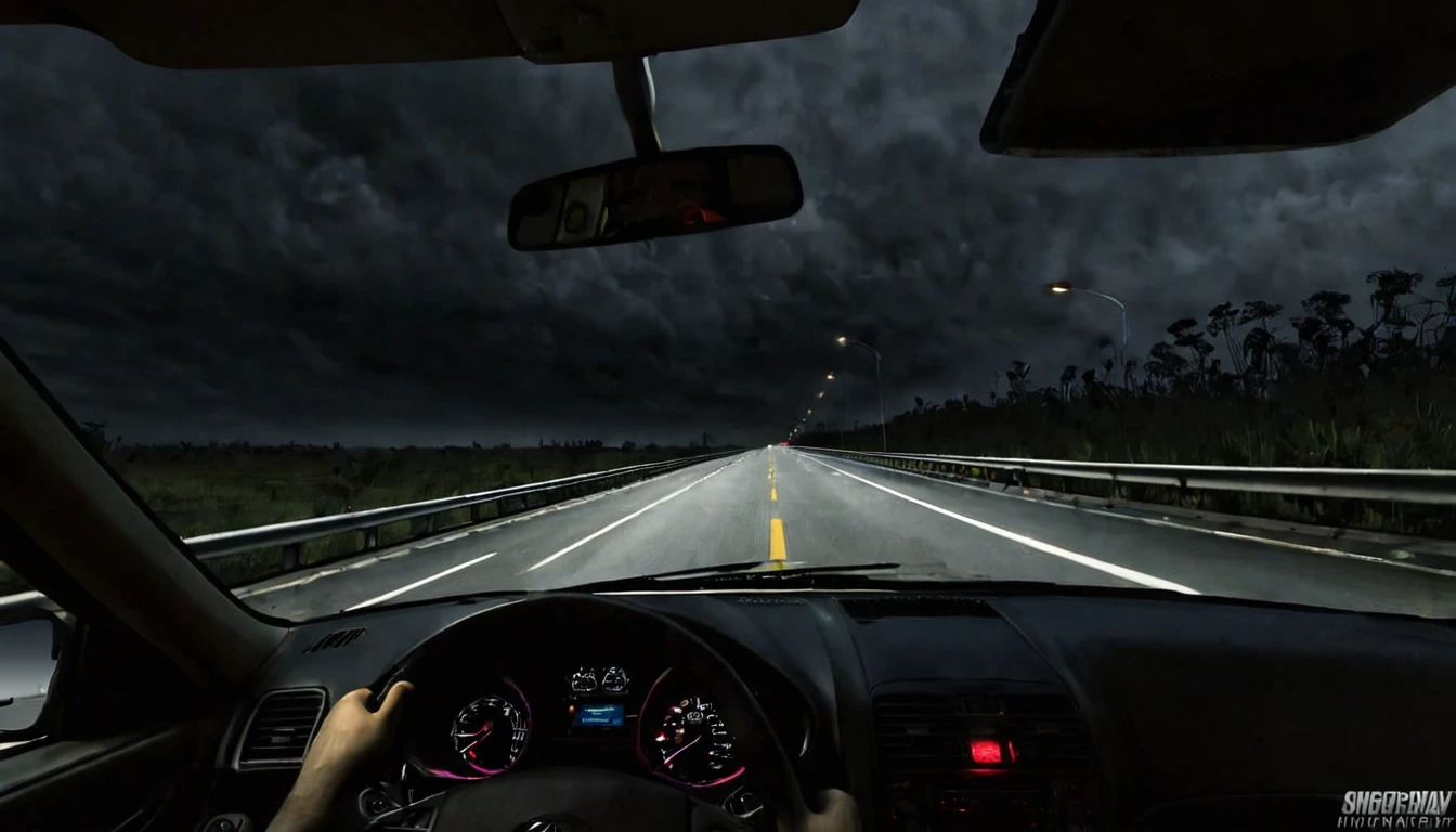 first person view, highway, poor lighting, dark environment, sinister