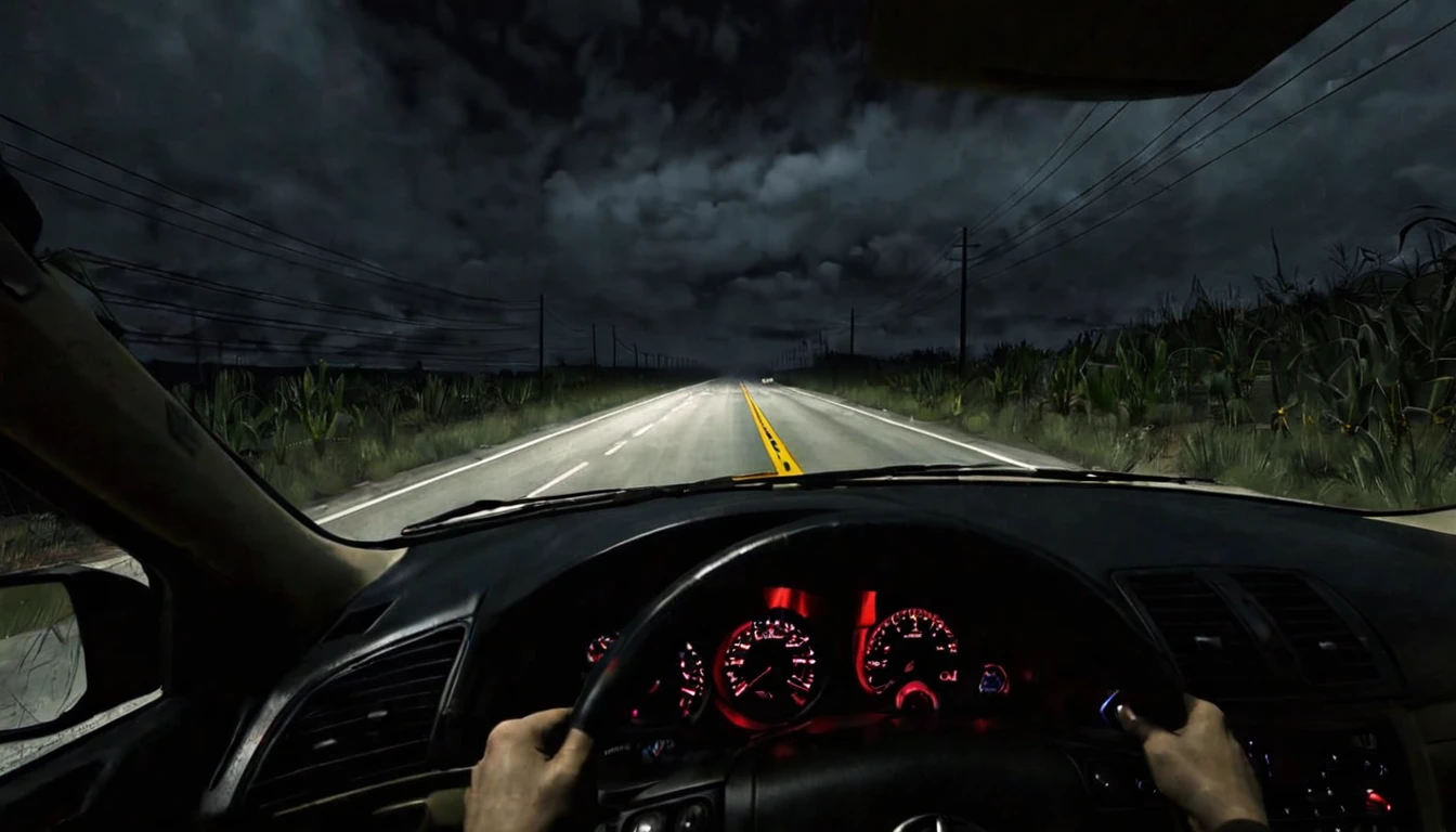 first person view, highway, poor lighting, dark environment, sinister