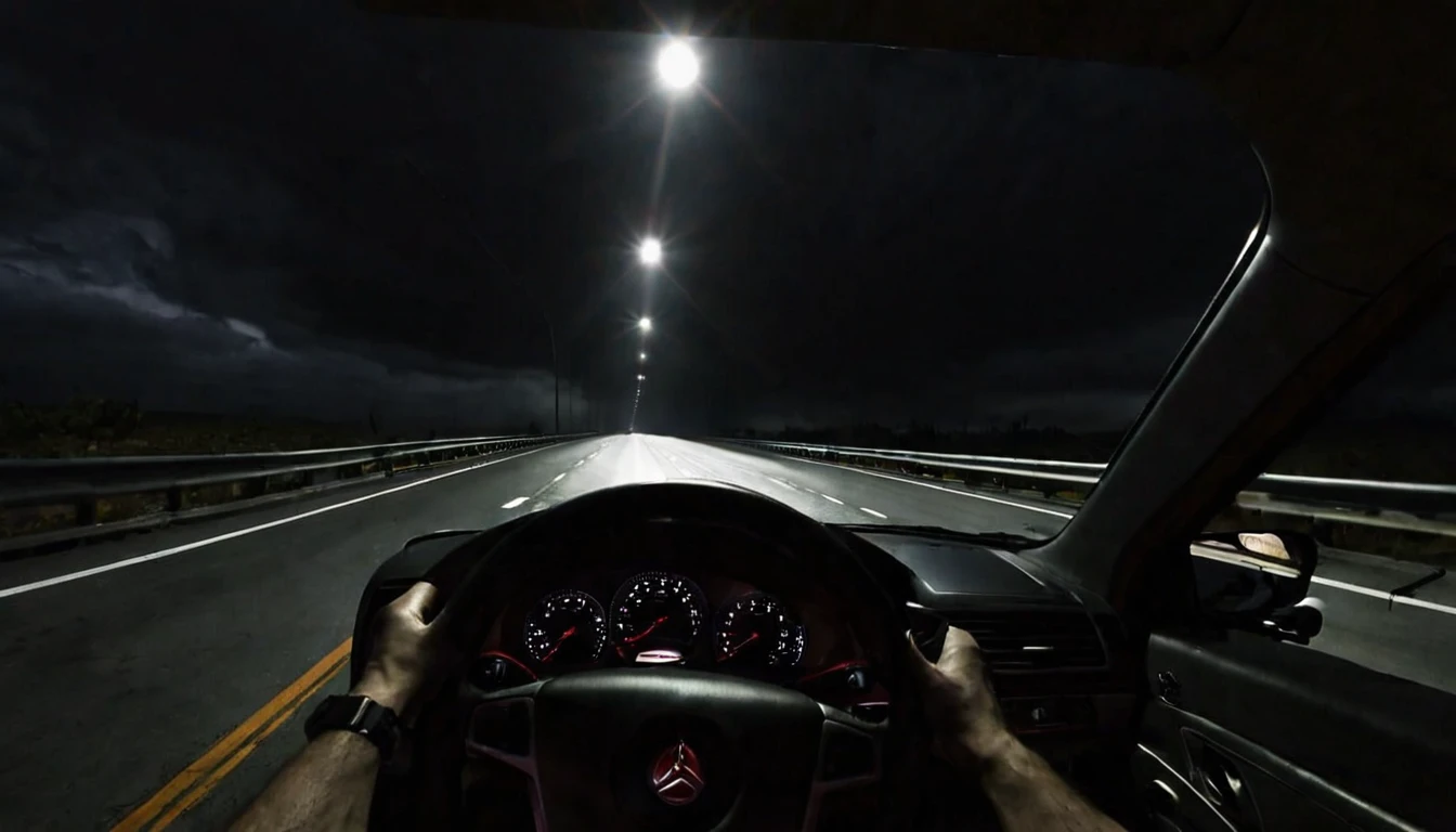 first person view, highway, poor lighting, dark environment, sinister