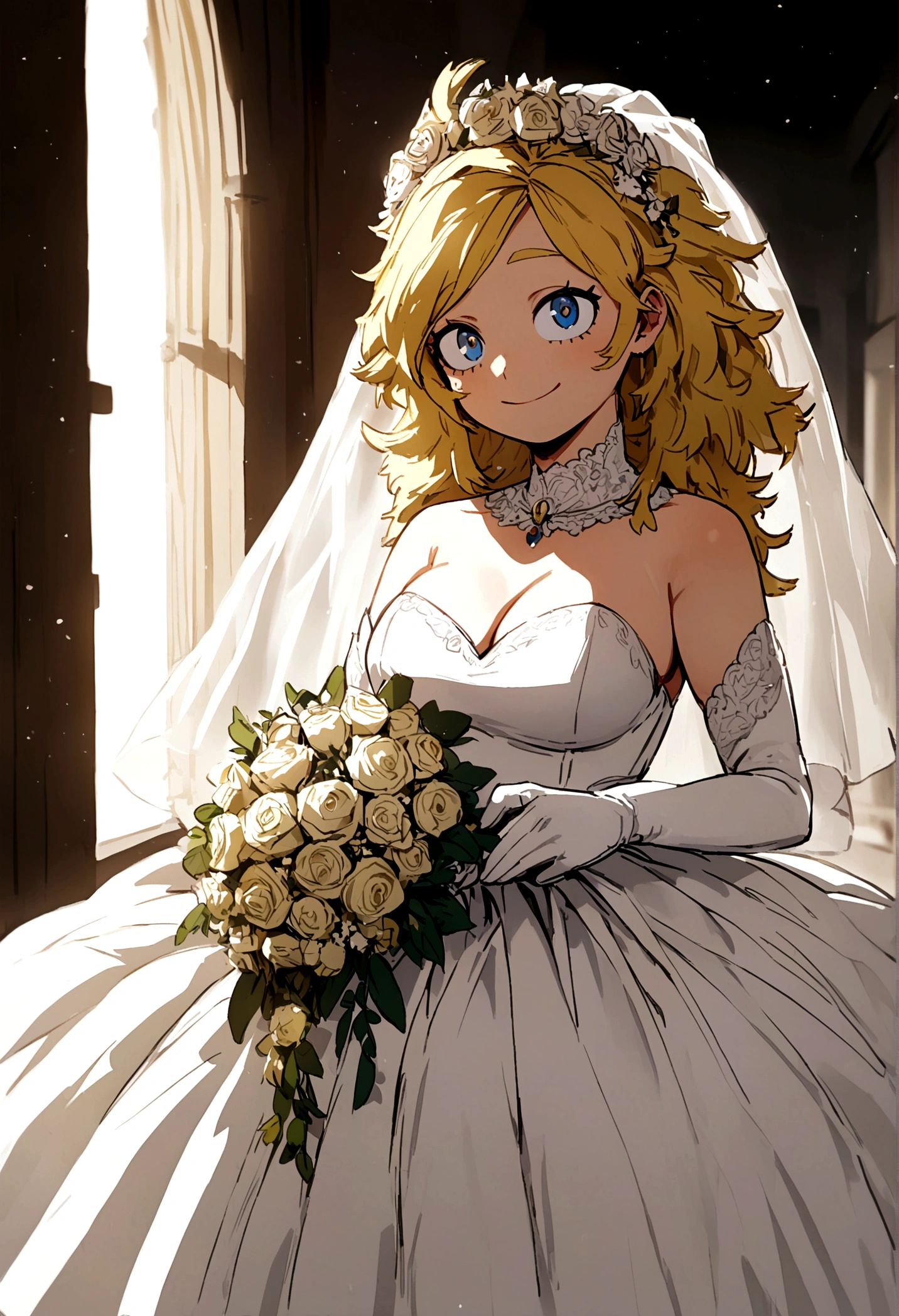 My hero academia, Girl with yellow long messy hair and blue eyes, a smile on her face with a full figure, wedding dress