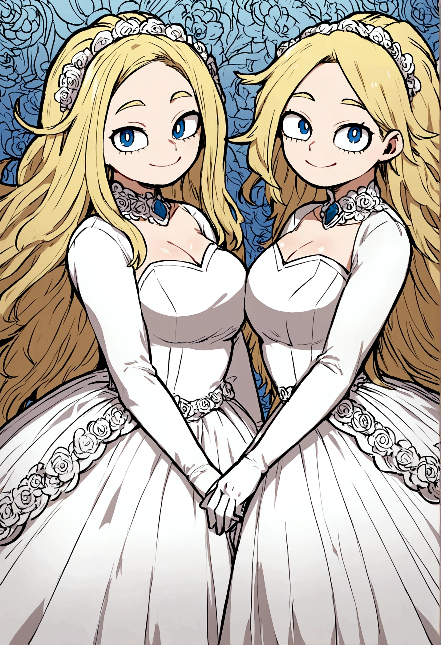 My hero academia, Girl with yellow long messy hair and blue eyes, a smile on her face with a full figure, wedding dress