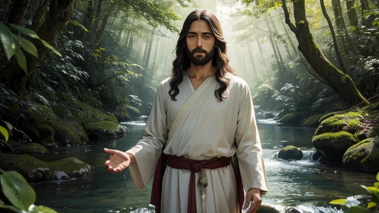 is Jesus Christ, whose eyes convey ancient wisdom and infinite love. He extends his hand in a welcoming gesture, inviting you to walk beside you. As you stroll among the leafy trees and crystal clear streams, He begins to share stories and teachings that touch his heart deeply. What is the personal message Jesus shares with you in this sacred moment?? How this experience transforms your view of yourself, of others and the world around them