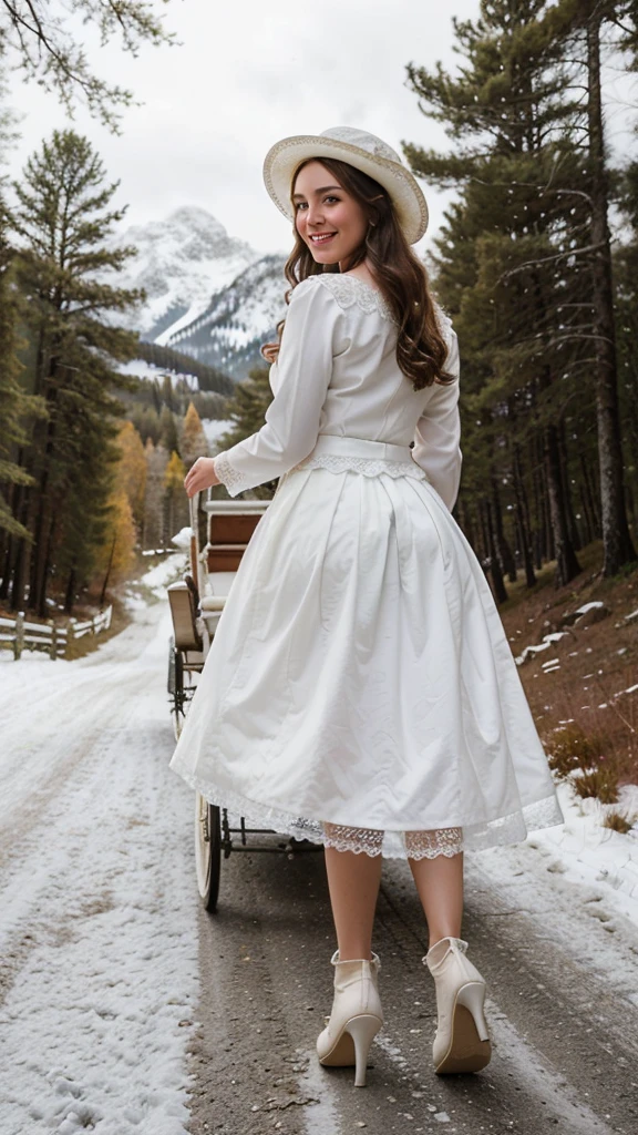 Portrait,a beauty young lady,she wears white lace hat.She wear a white long-sleeved blouse and white color long skirt and white lady shoes.She rode in a white horse-drawn carriage,smiling happily, snowy mountain road,alpine trees are beside the road,she look back angle to camera,hd cinematic,photorealistic